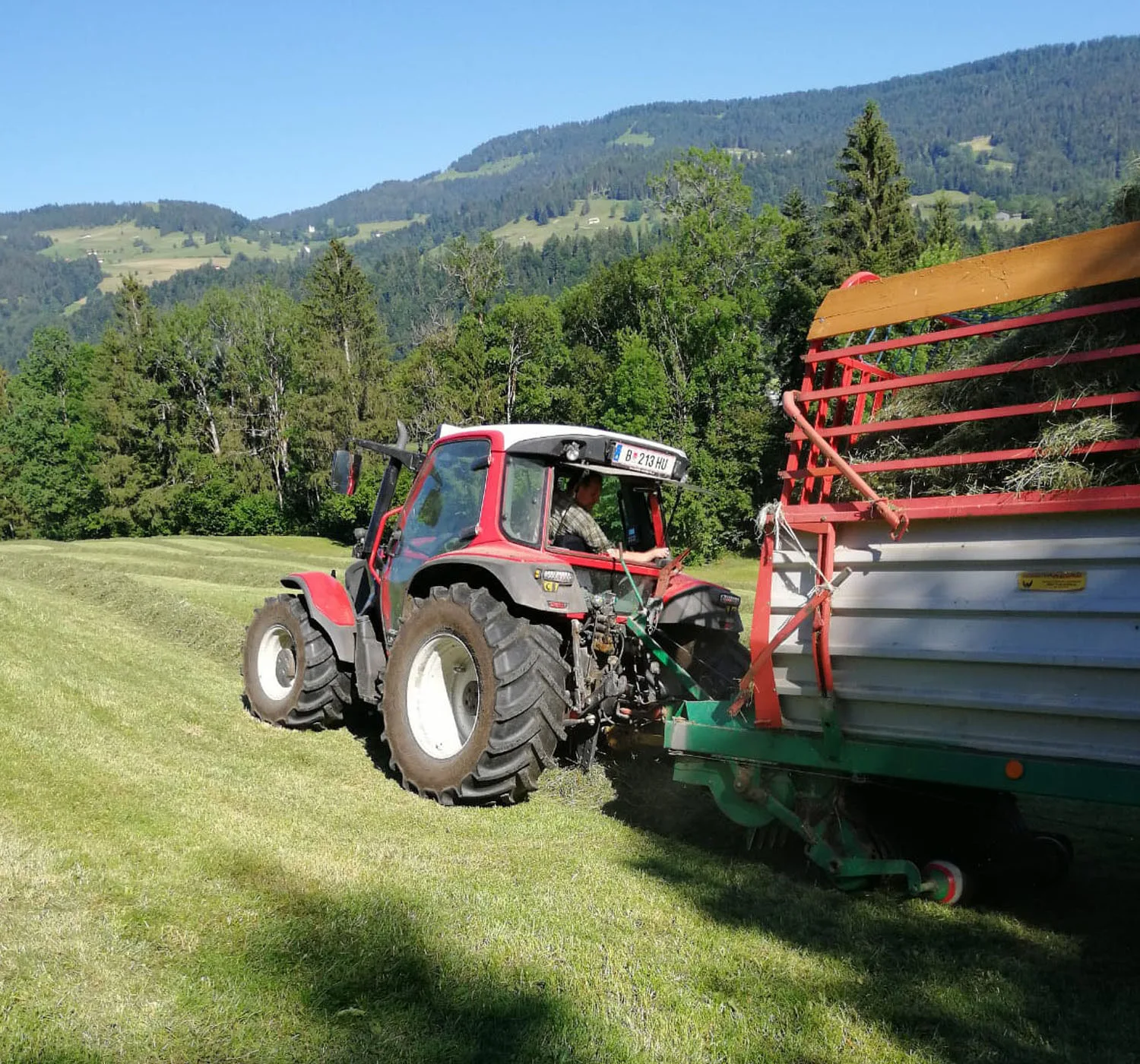 Traktor mit Ladewagen auf einer gemähten Wiese vor bewaldeten Hängen