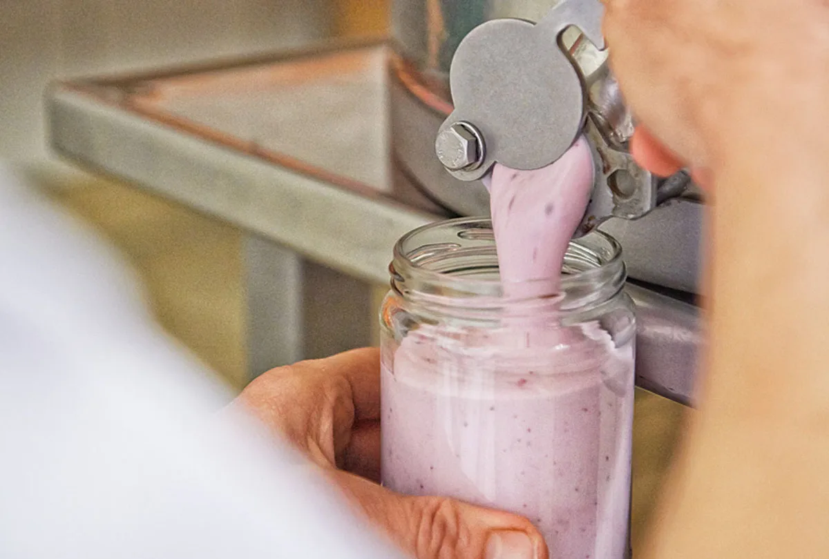 Frisches Fruchtjoghurt wird aus dem Kessel in ein Glas abgefüllt