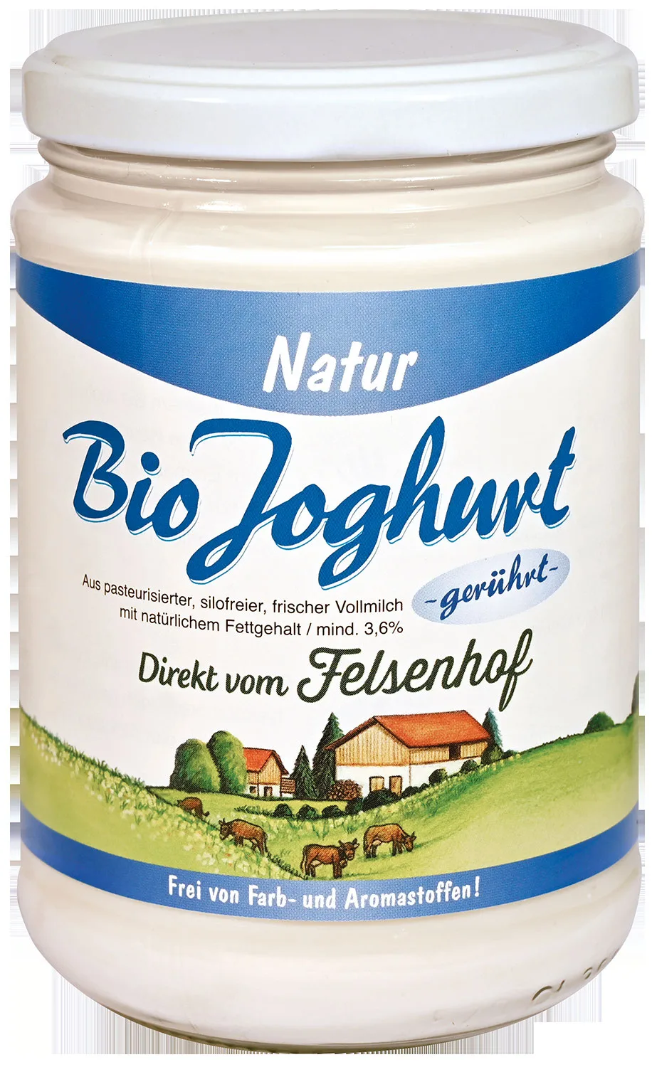 Glas Bio Joghurt Natur gerührt mit Etikett Direkt vom Felsenhof