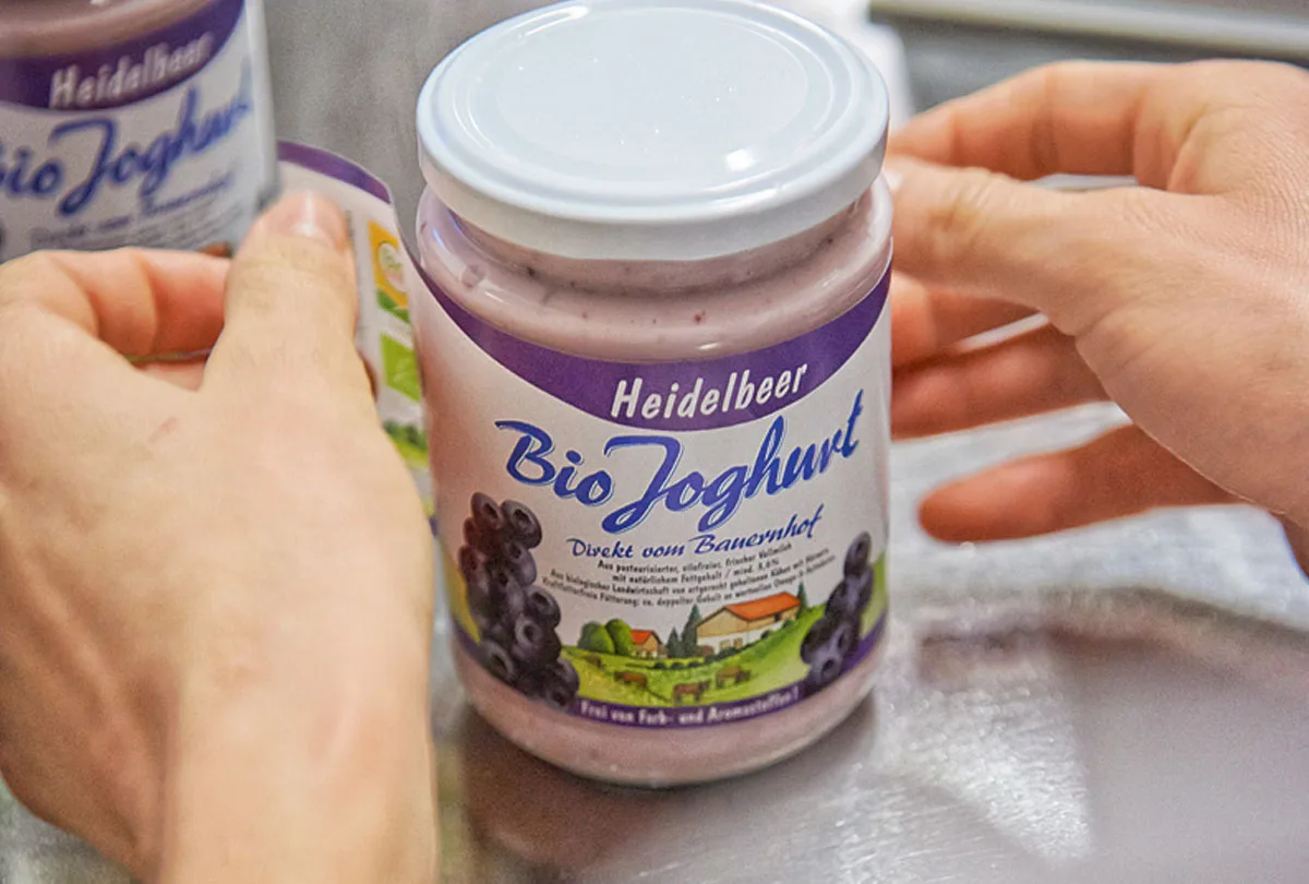 Zwei Hände halten ein Glas Bio Joghurt Heidelbeer vom Felsenhof