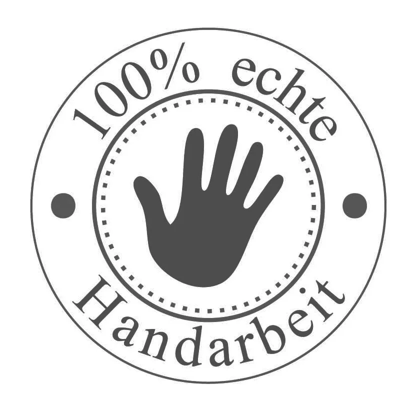 Siegel mit einer Handfläche und der Aufschrift 100 Prozent echte Handarbeit