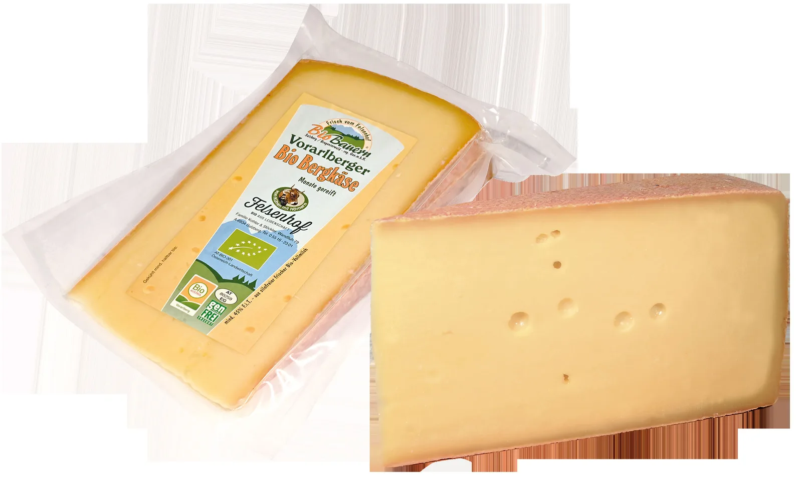 Vorarlberger Bio Bergkäse vom Felsenhof, ein Stück verpackt und ein Stück offen